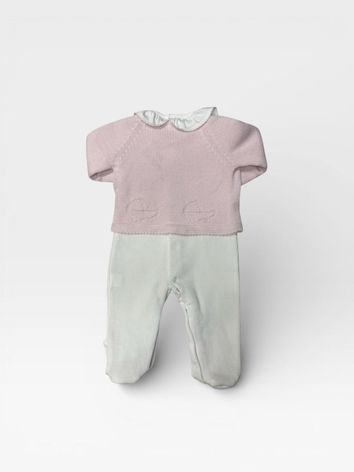 Baby pink Sweater over a knitted white footie