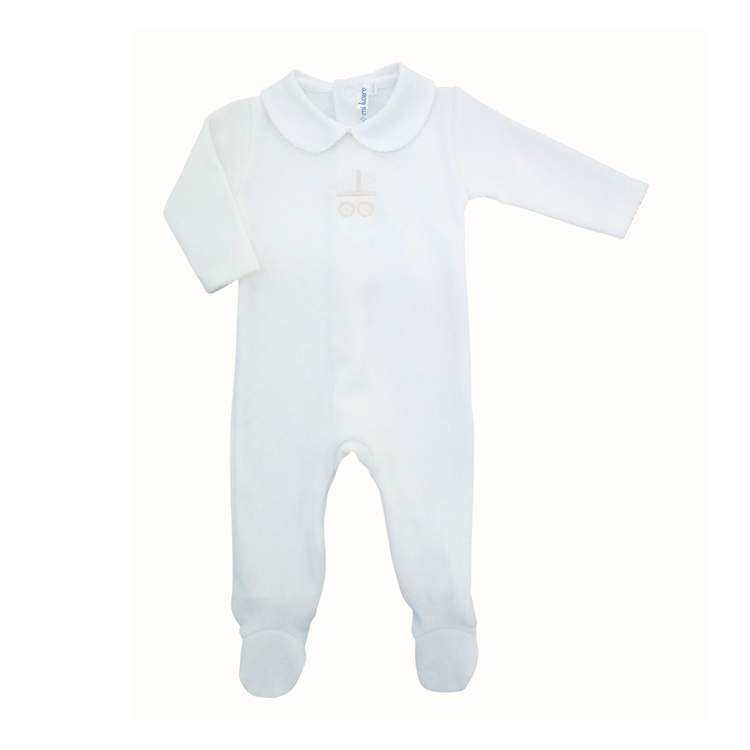 A white long-sleeve baby footed sleeper with a Peter Pan collar and a small embroidered pram motif on the chest, displayed against a plain white background.