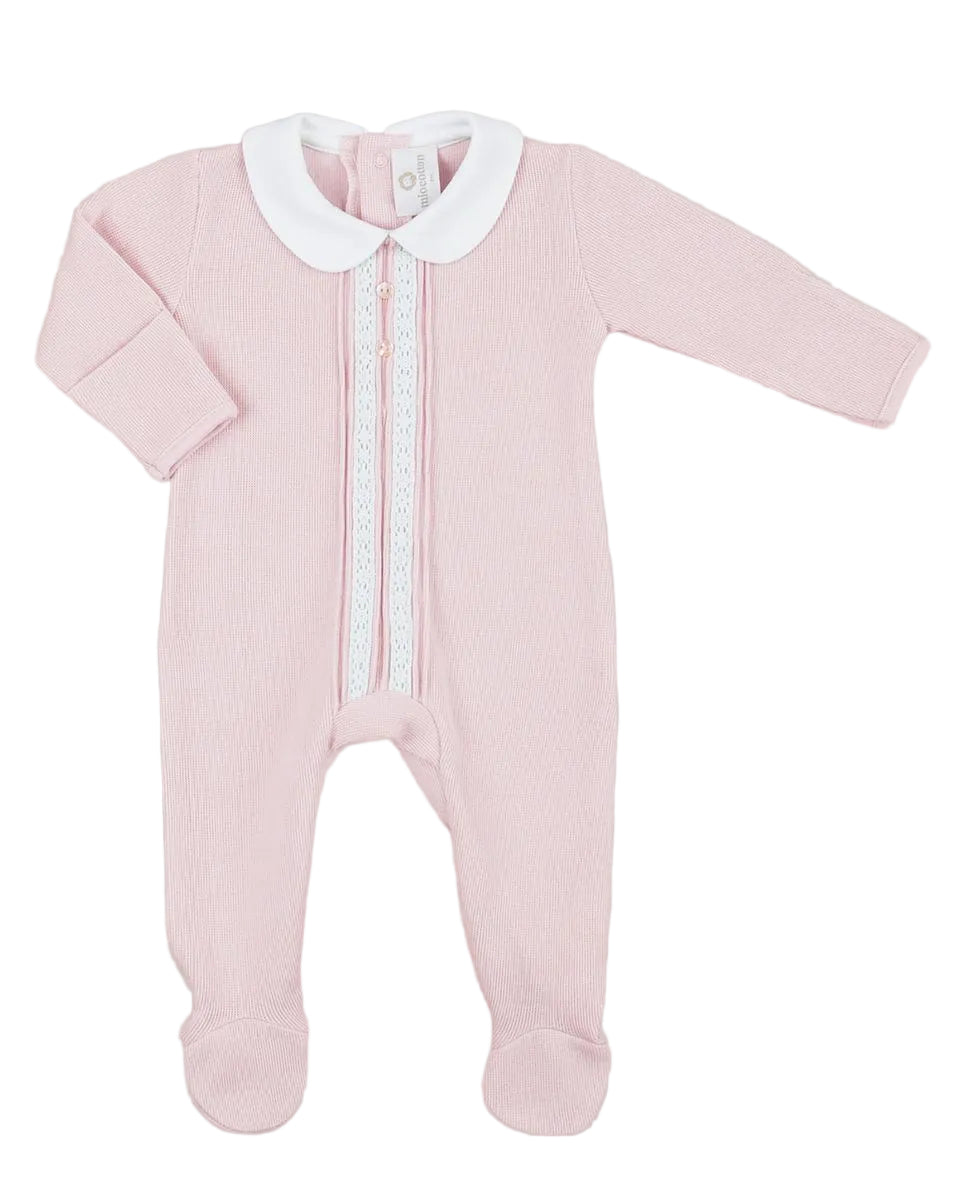 A pink footed heirloom lace baby girl outfit