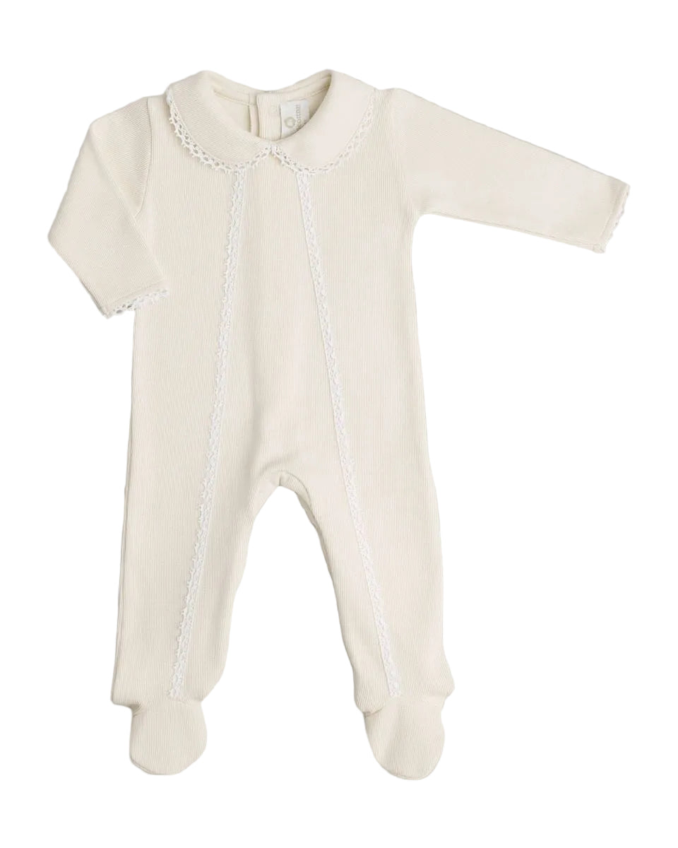 An off-white baby footed sleeper with long sleeves, short sleeves, and a decorative lace collar, shown on a white background