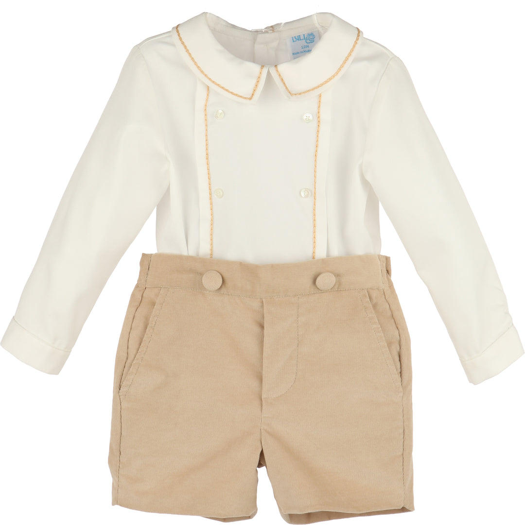 Baby outfit with white long-sleeve top and beige shorts on a white background