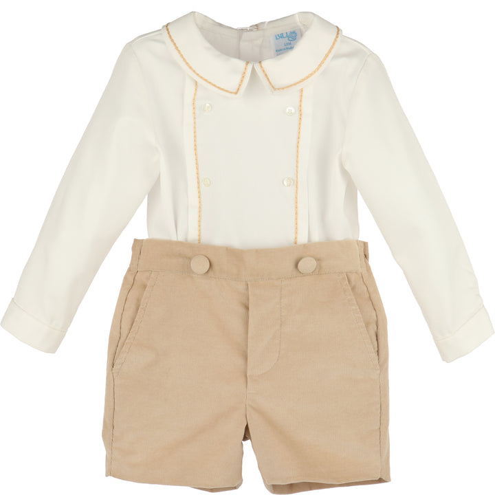 Baby outfit with white long-sleeve top and beige shorts on a white background