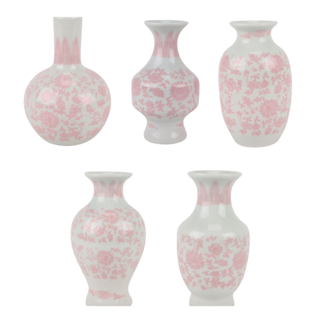 Set of 5 pink and white bud vases all different shapes