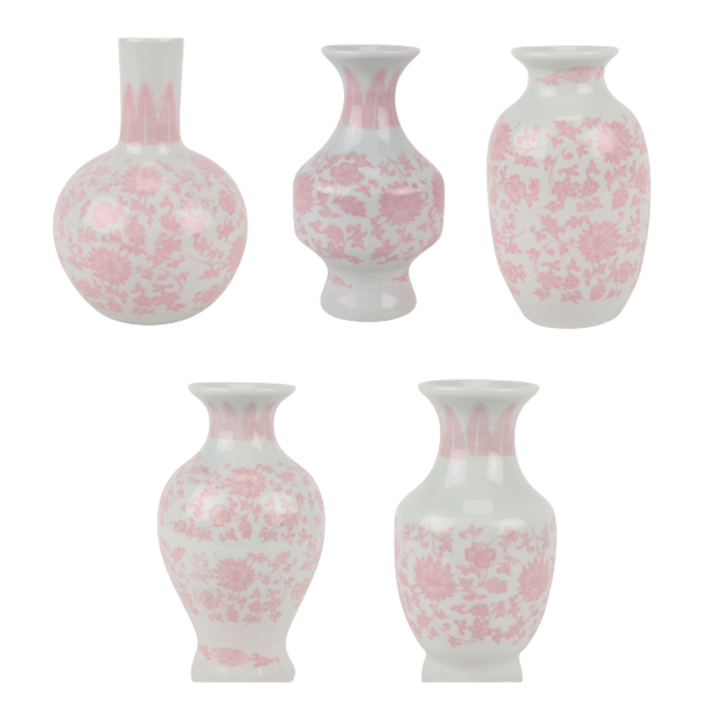 Set of 5 pink and white bud vases all different shapes