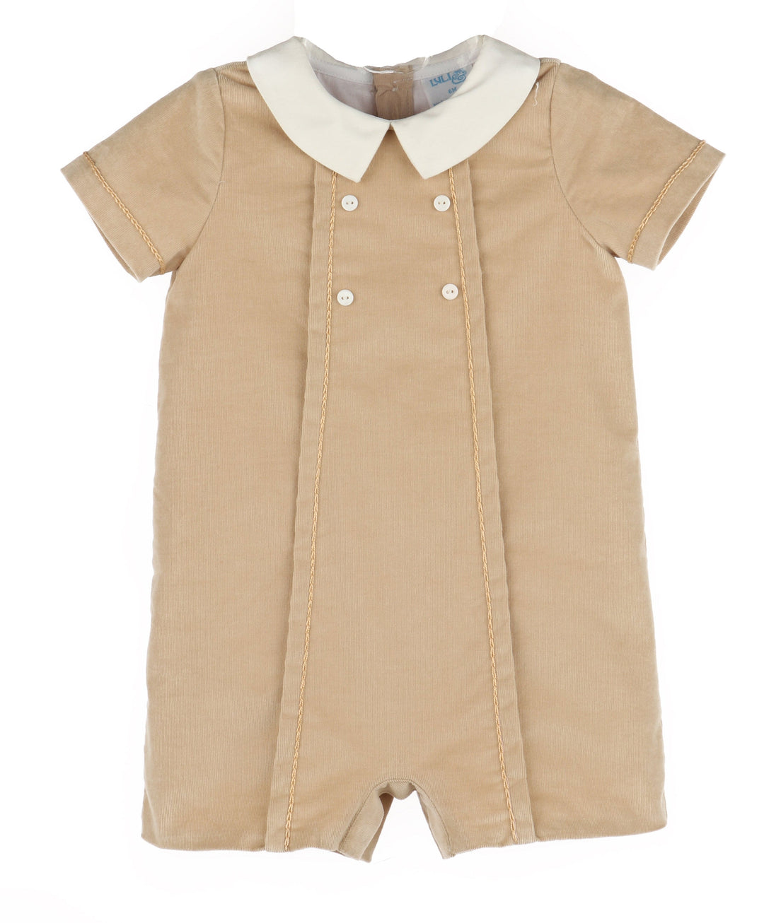 A toddler's short-sleeve romper in beige corduroy with a contrasting cream-colored collar and white snap buttons down the front, displayed flat against a white background.