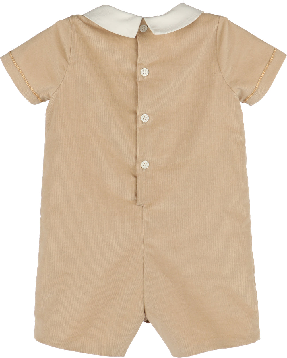 Beige baby romper with white collar on a white background