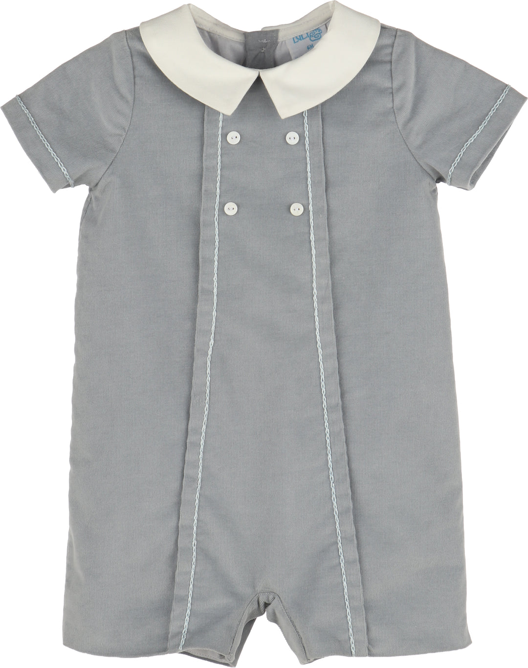 Blue baby romper with white collar on a white background
