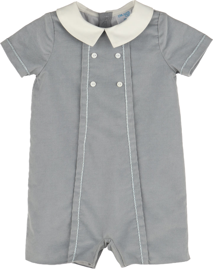 Blue baby romper with white collar on a white background