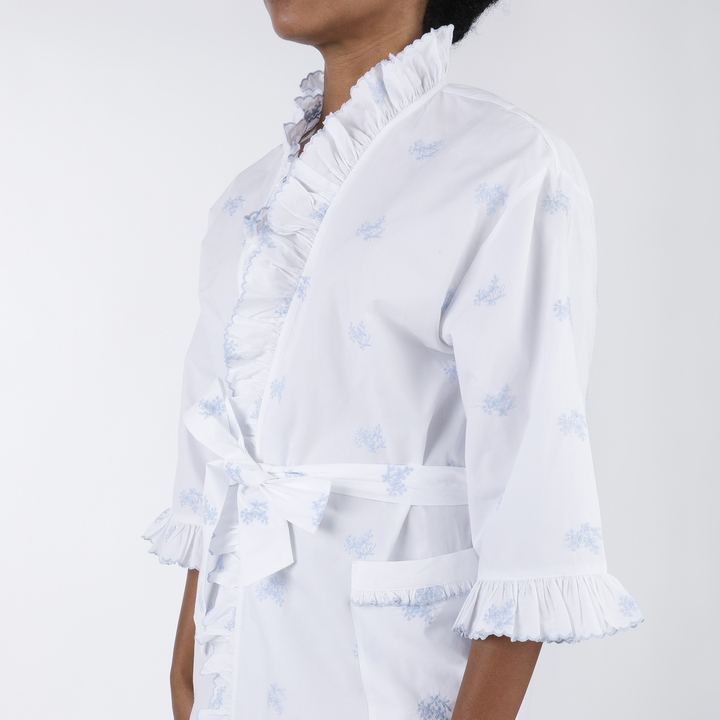 Nancy Cotton Ruffle Embroidered Robe - Blue