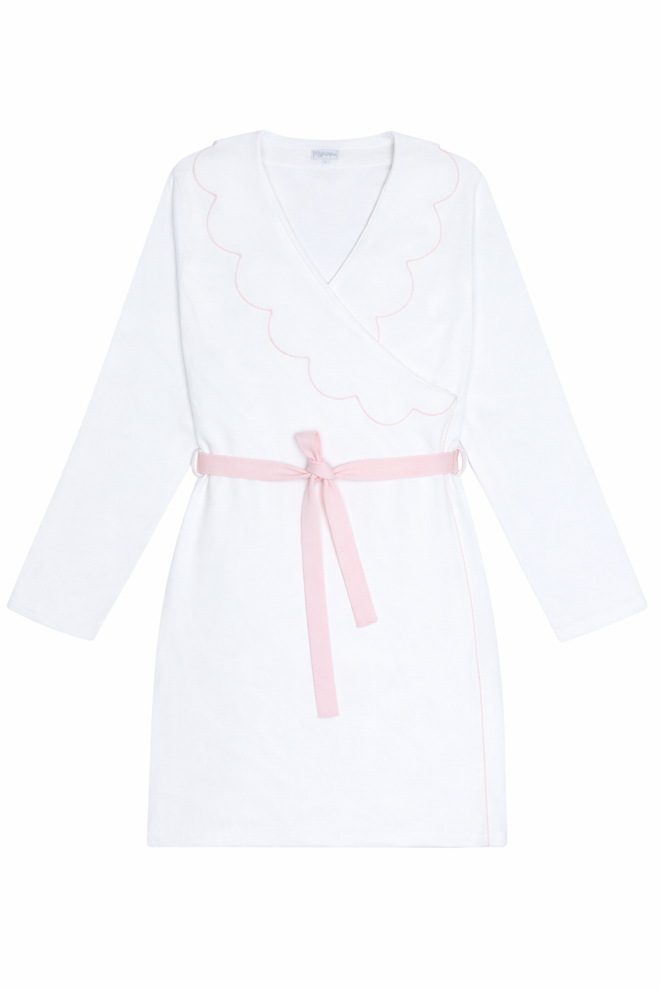 A white long-sleeve wrap-style robe with a light pink scalloped collar trim and a matching pink tie belt, shown flat against a white background.