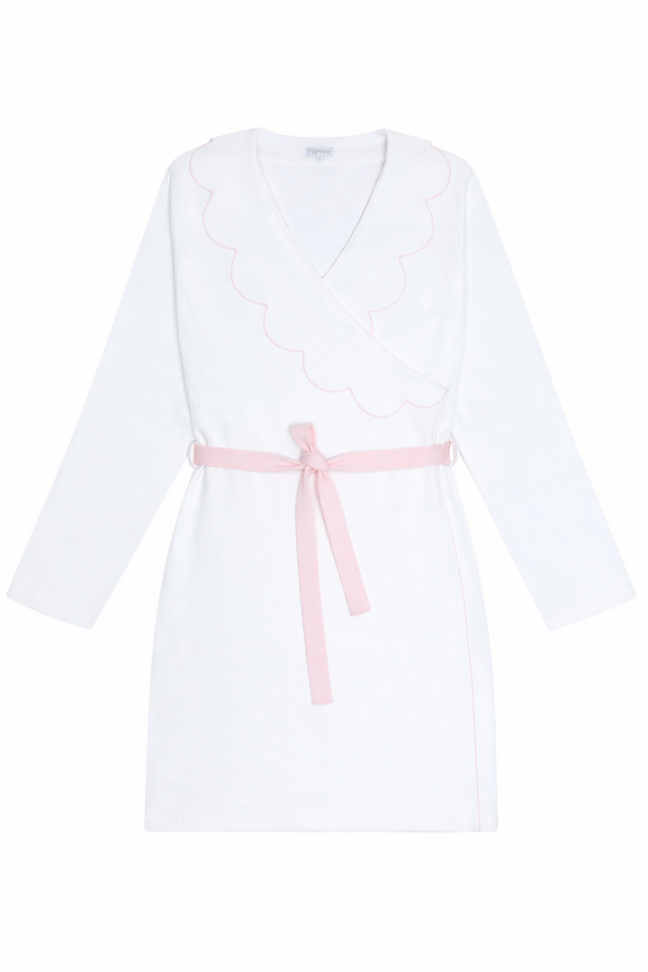 A white long-sleeve wrap-style robe with a light pink scalloped collar trim and a matching pink tie belt, shown flat against a white background.