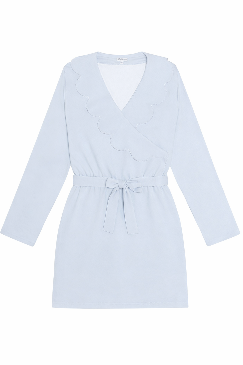 A light blue long-sleeve wrap dress with a ruffled V-neckline and a matching tie belt at the waist, shown flat on a white background.