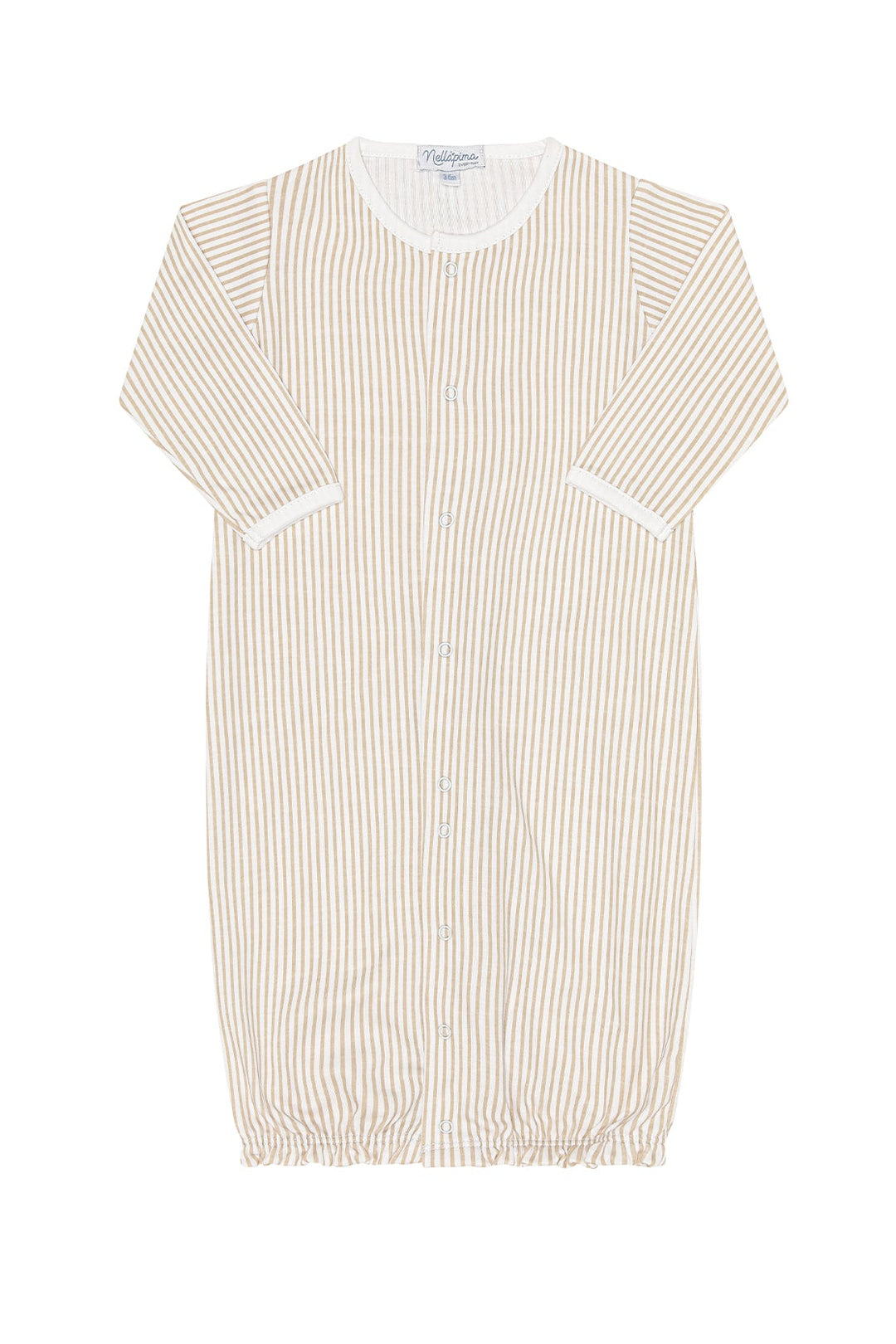 camel striped long sleeve baby converter gown on white background