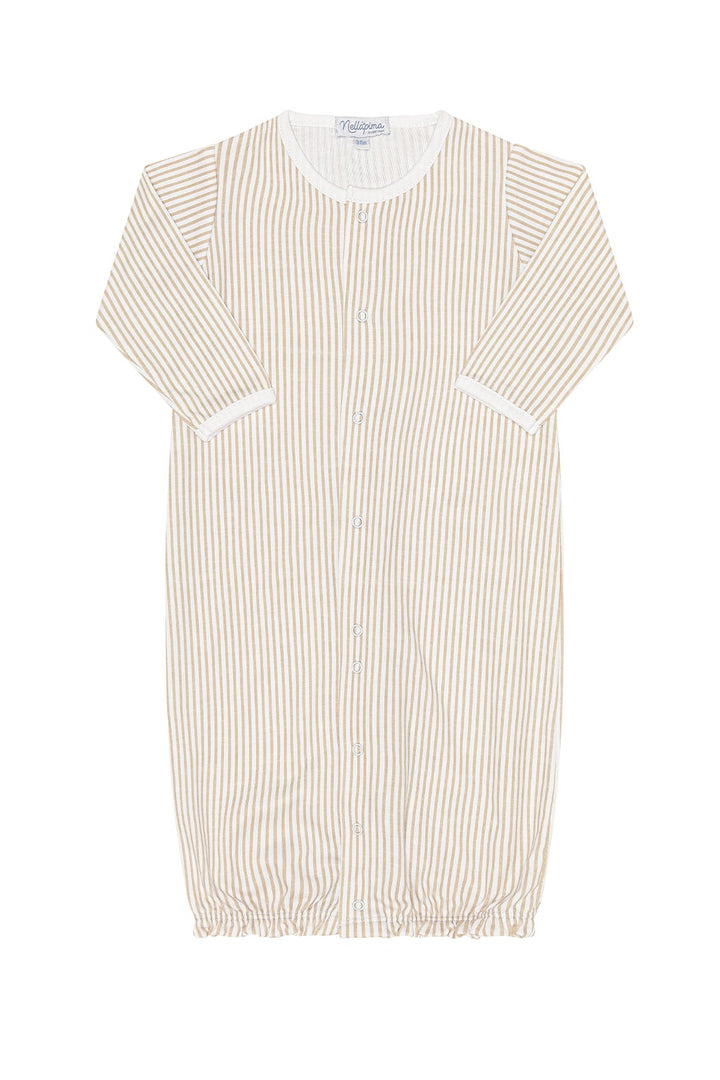 camel striped long sleeve baby converter gown on white background