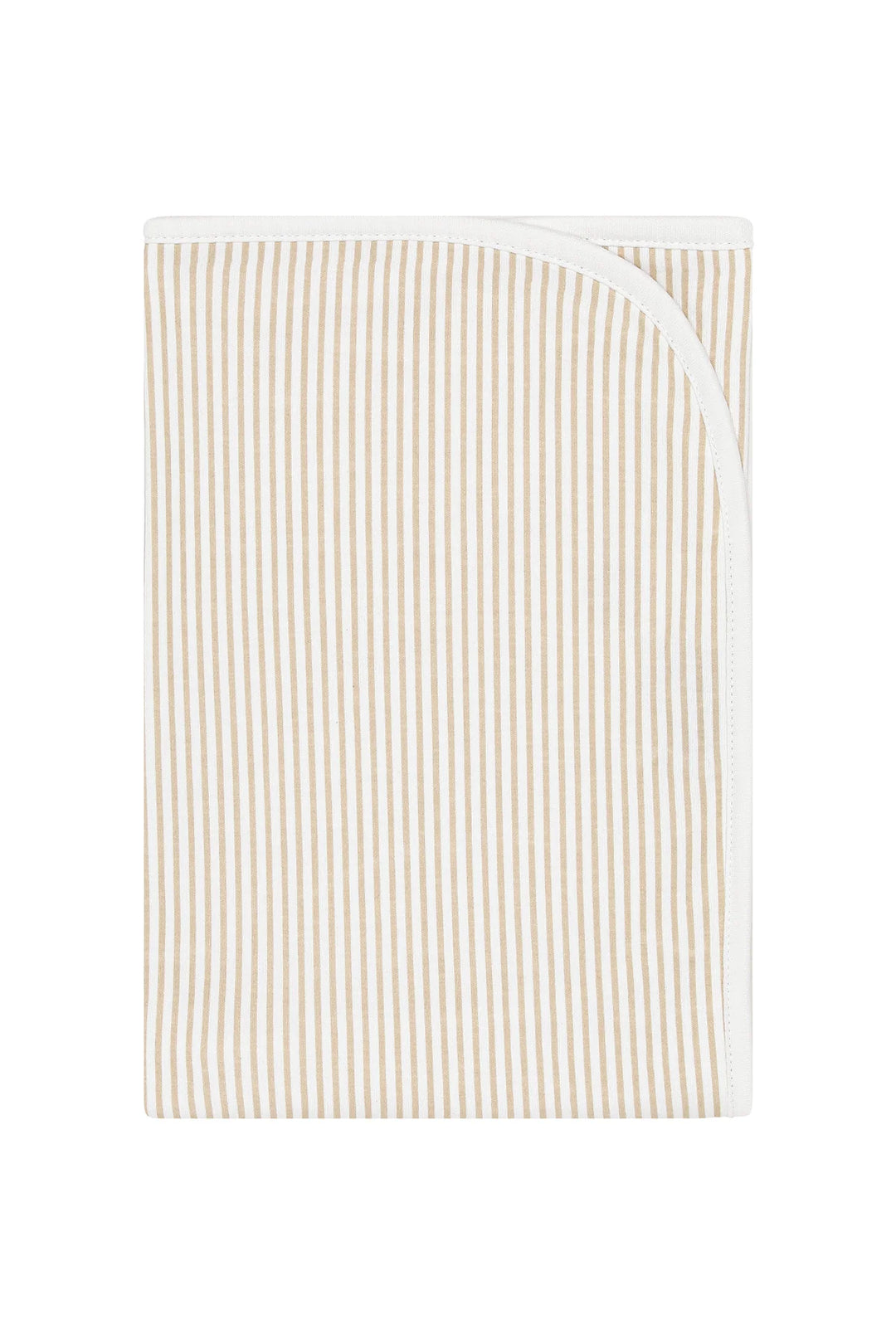 A folded baby blanket with vertical beige and white stripes and a white border, shown on a plain white background.