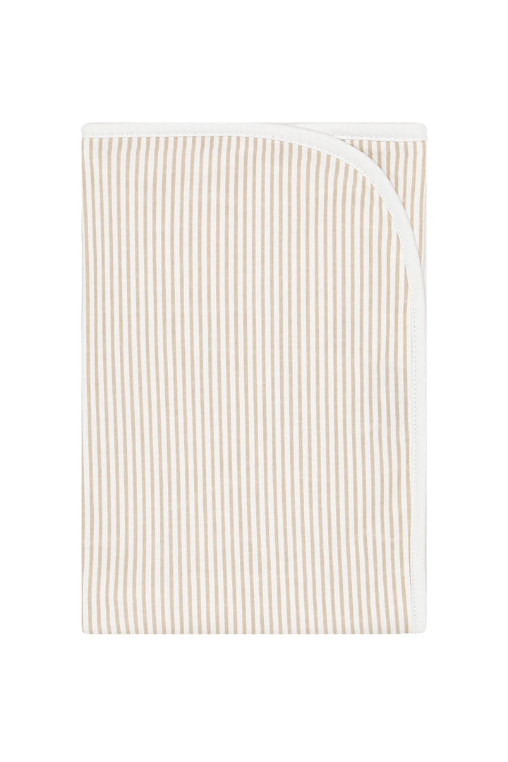 A folded baby blanket with vertical beige and white stripes and a white border, shown on a plain white background.