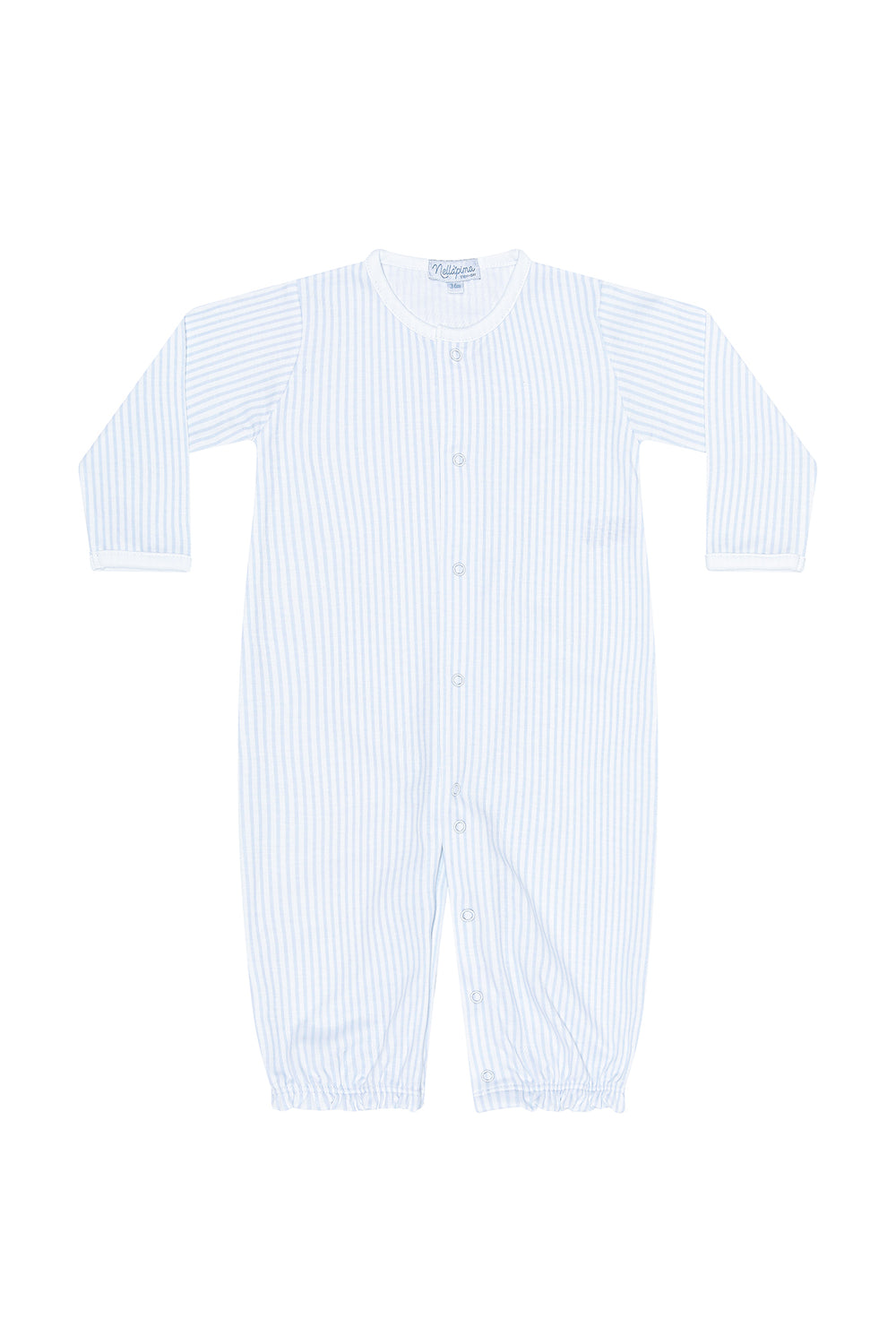A long-sleeve baby sleep sack with vertical light blue and white stripes, featuring a snap-button front closure and elastic cuffs.