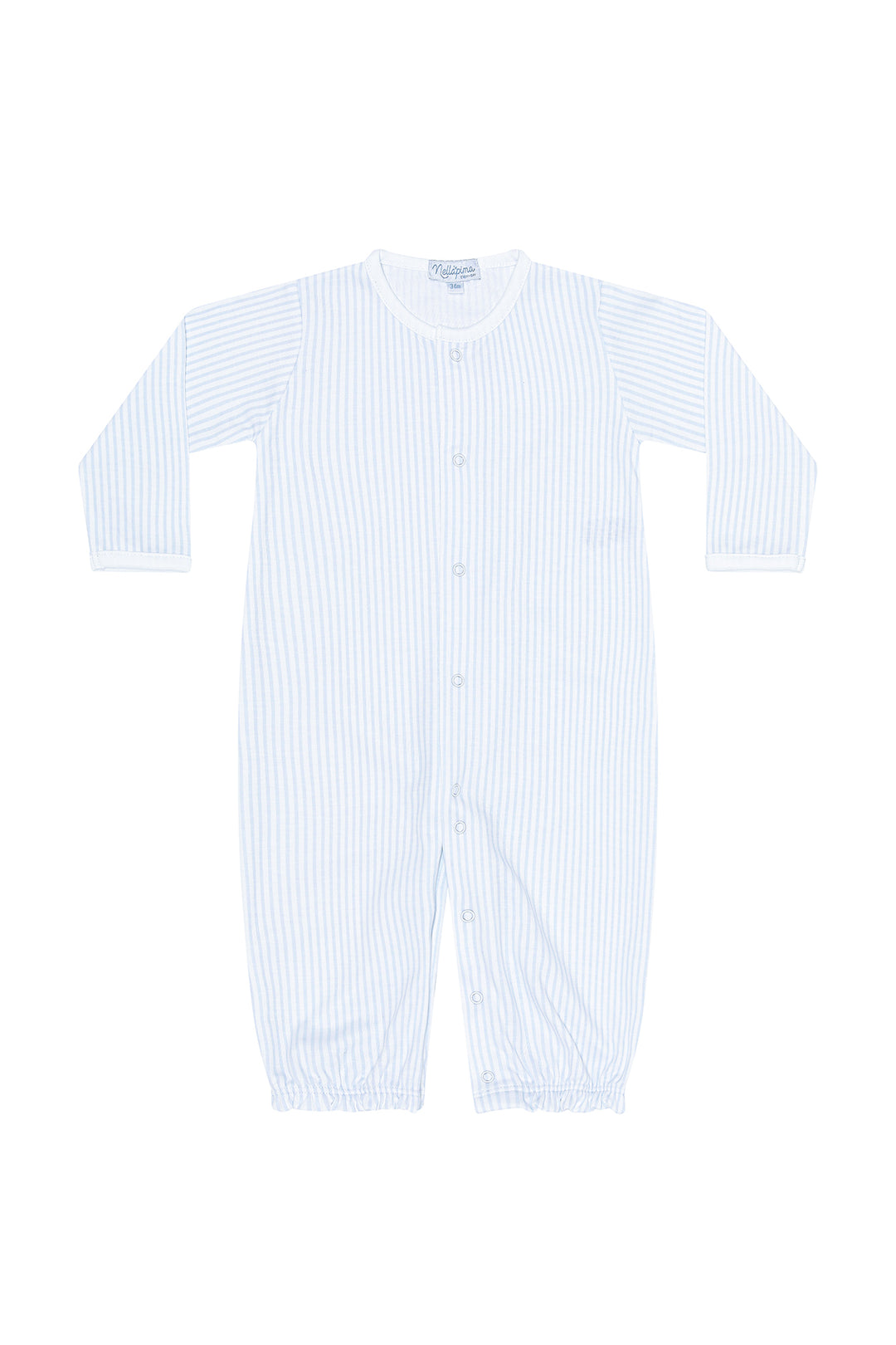 A long-sleeve baby sleep sack with vertical light blue and white stripes, featuring a snap-button front closure and elastic cuffs.
