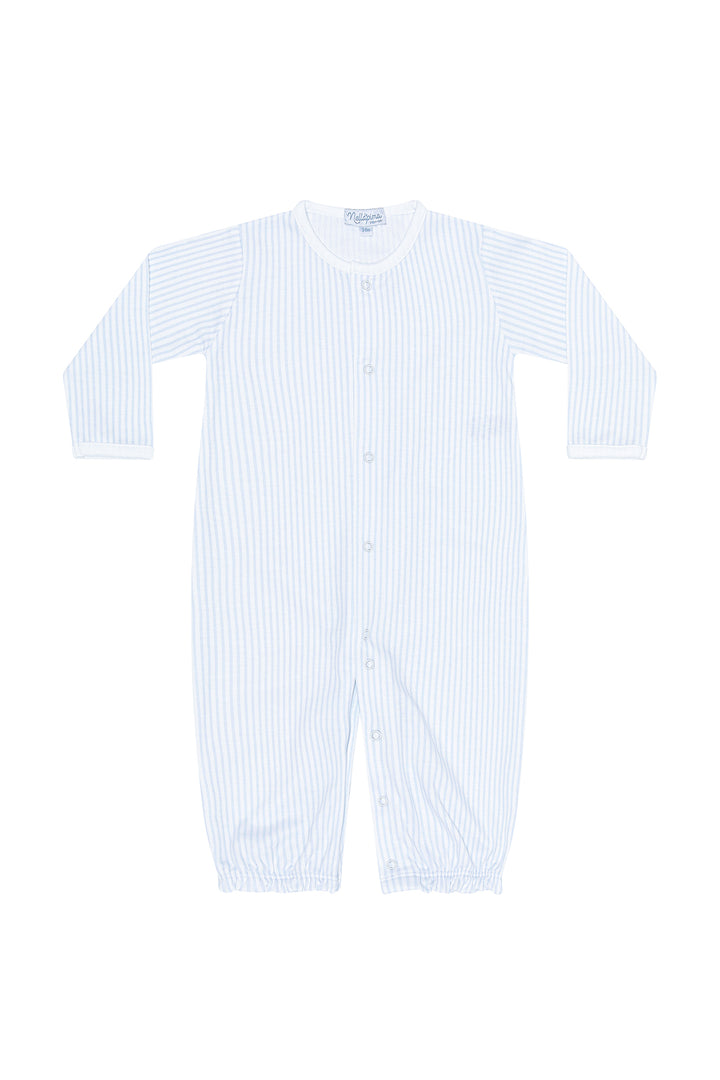 A long-sleeve baby sleep sack with vertical light blue and white stripes, featuring a snap-button front closure and elastic cuffs.