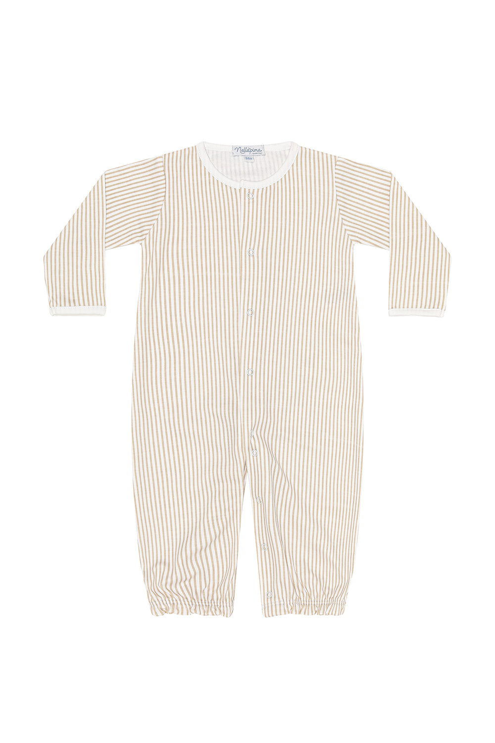 camel striped long sleeve baby converter gown on white background