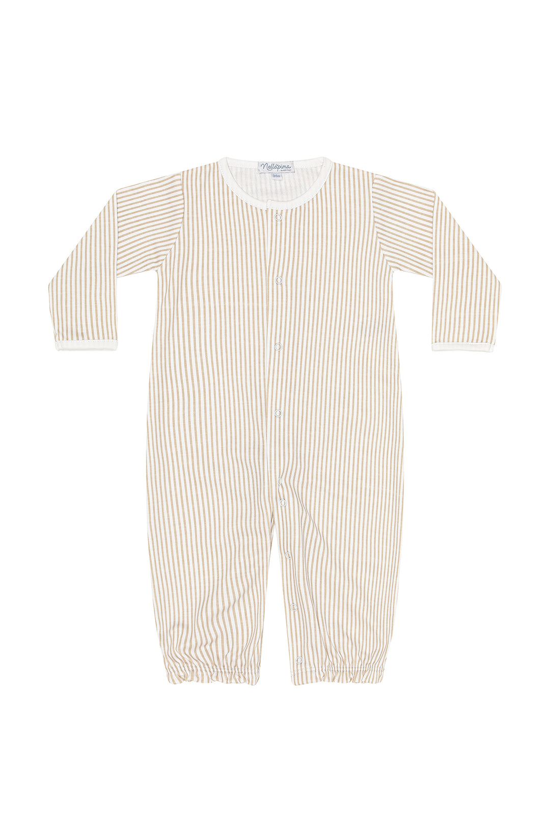 camel striped long sleeve baby converter gown on white background