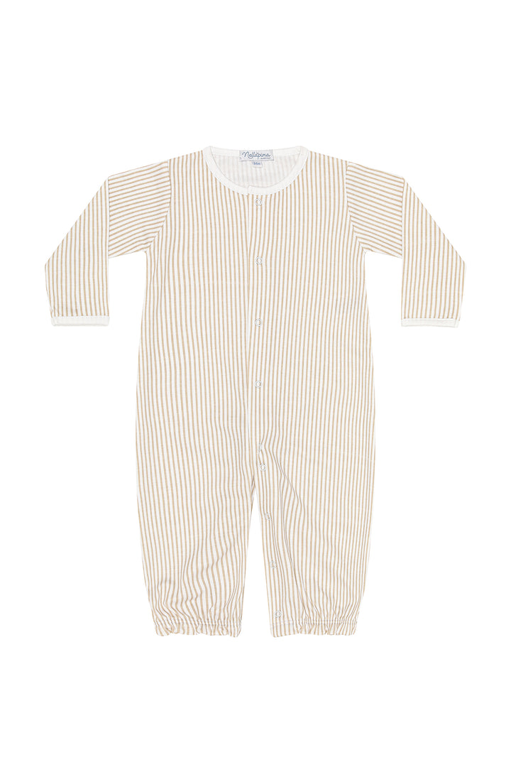 camel striped long sleeve baby converter gown on white background