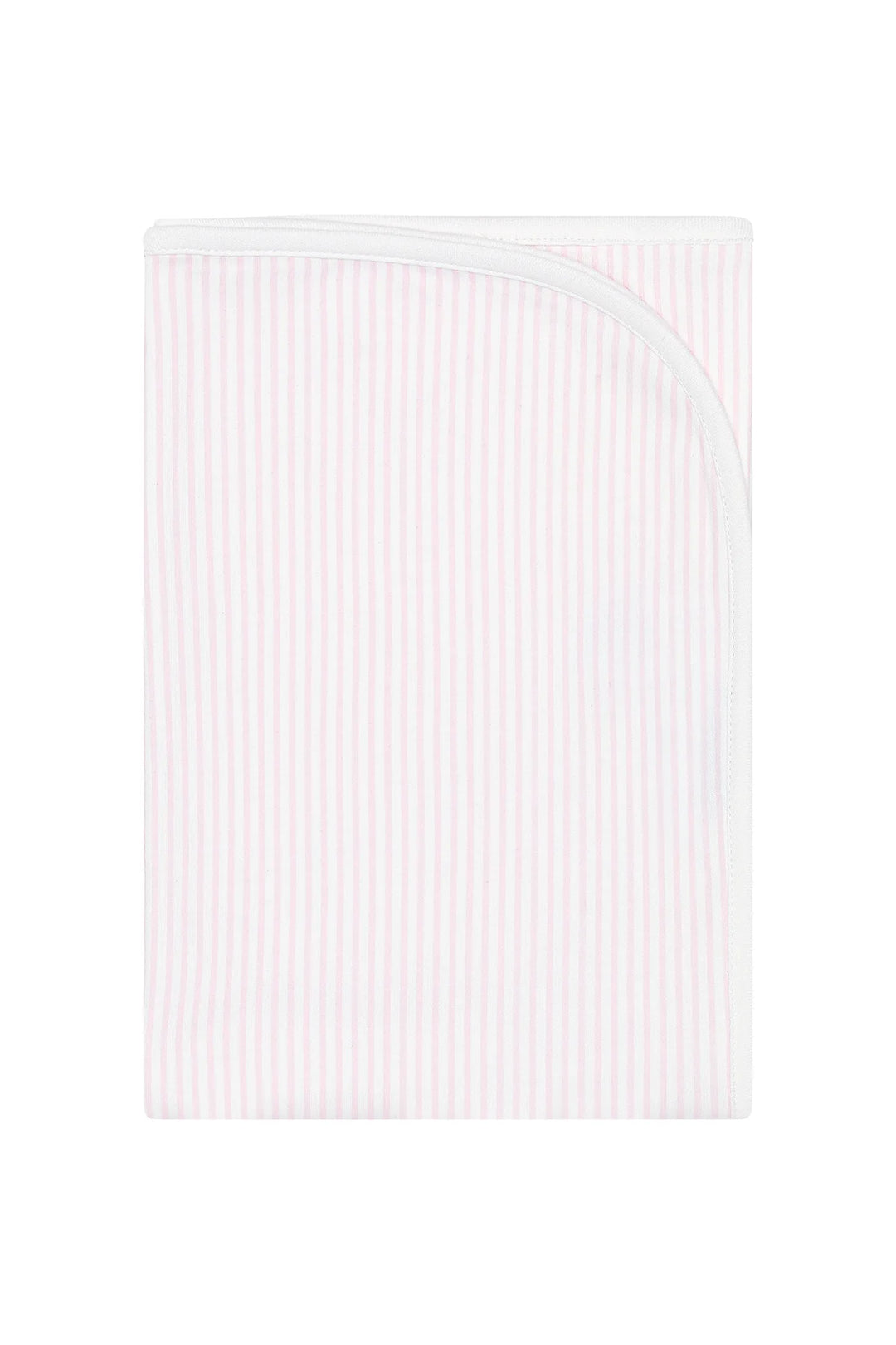 A folded baby blanket with vertical light pink and white stripes, featuring a white curved piping border, shown on a solid white background.