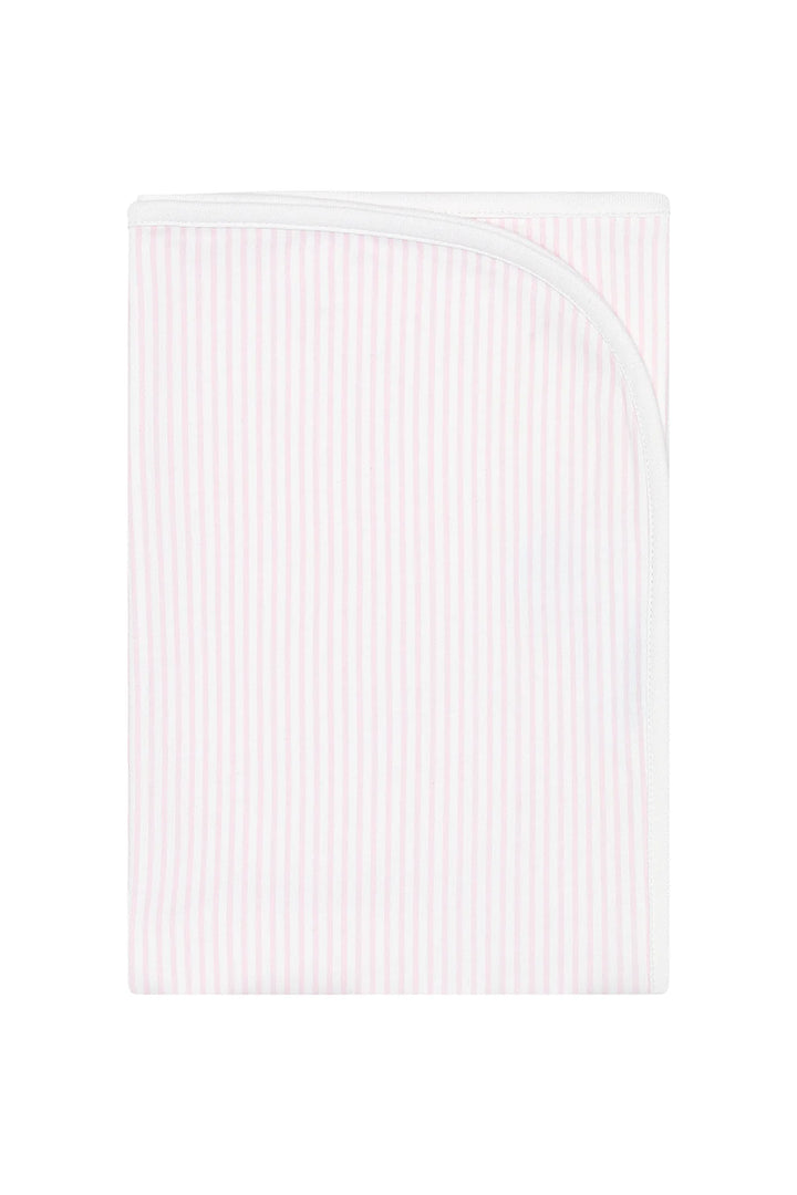A folded baby blanket with vertical light pink and white stripes, featuring a white curved piping border, shown on a solid white background.