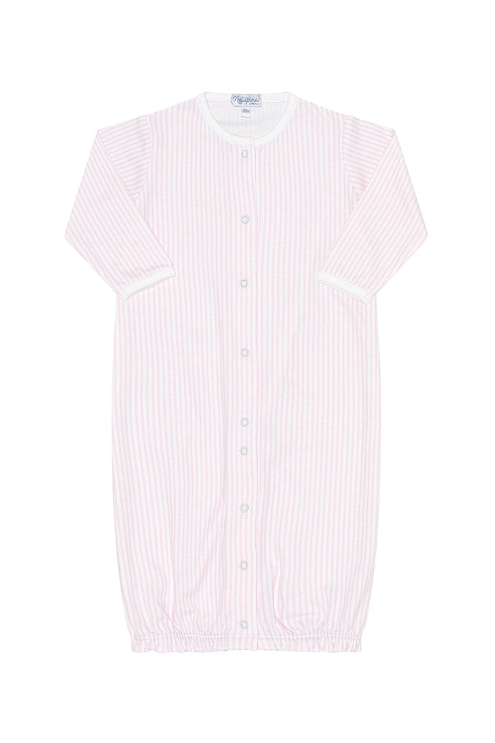 A baby sleep gown with classic pink and white stripes