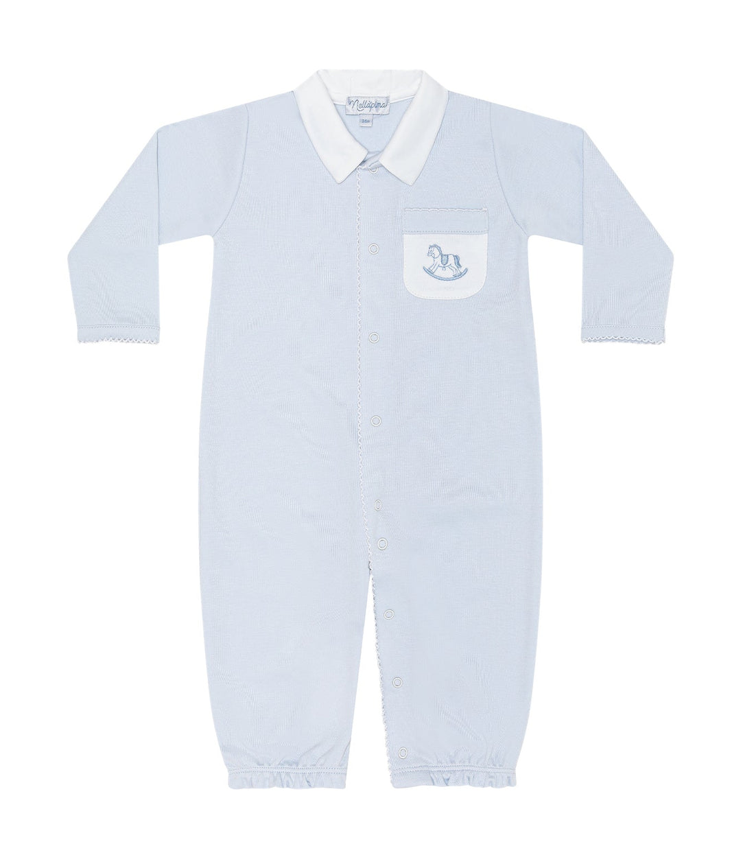 Light blue baby romper with white collar on a white background