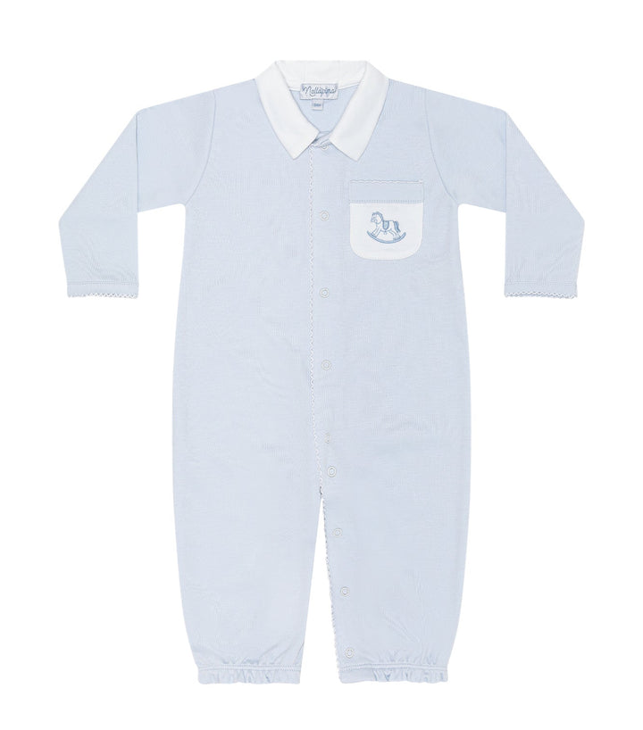 Light blue baby romper with white collar on a white background