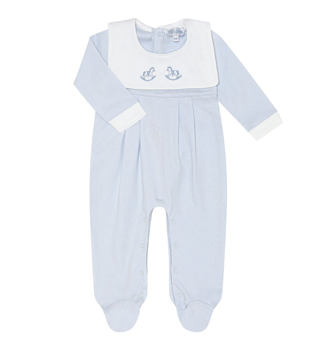 Light blue baby onesie with white collar on a white background