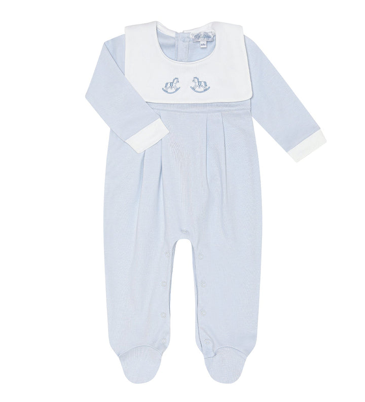 Light blue baby onesie with white collar on a white background