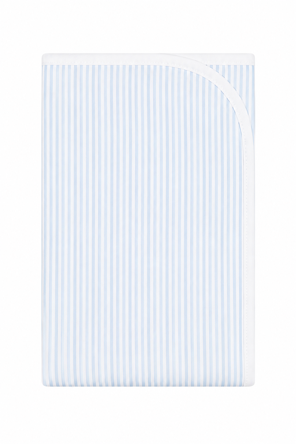 A folded baby blanket with a light blue and white vertical stripe pattern and a solid white border, shown on a plain white background.