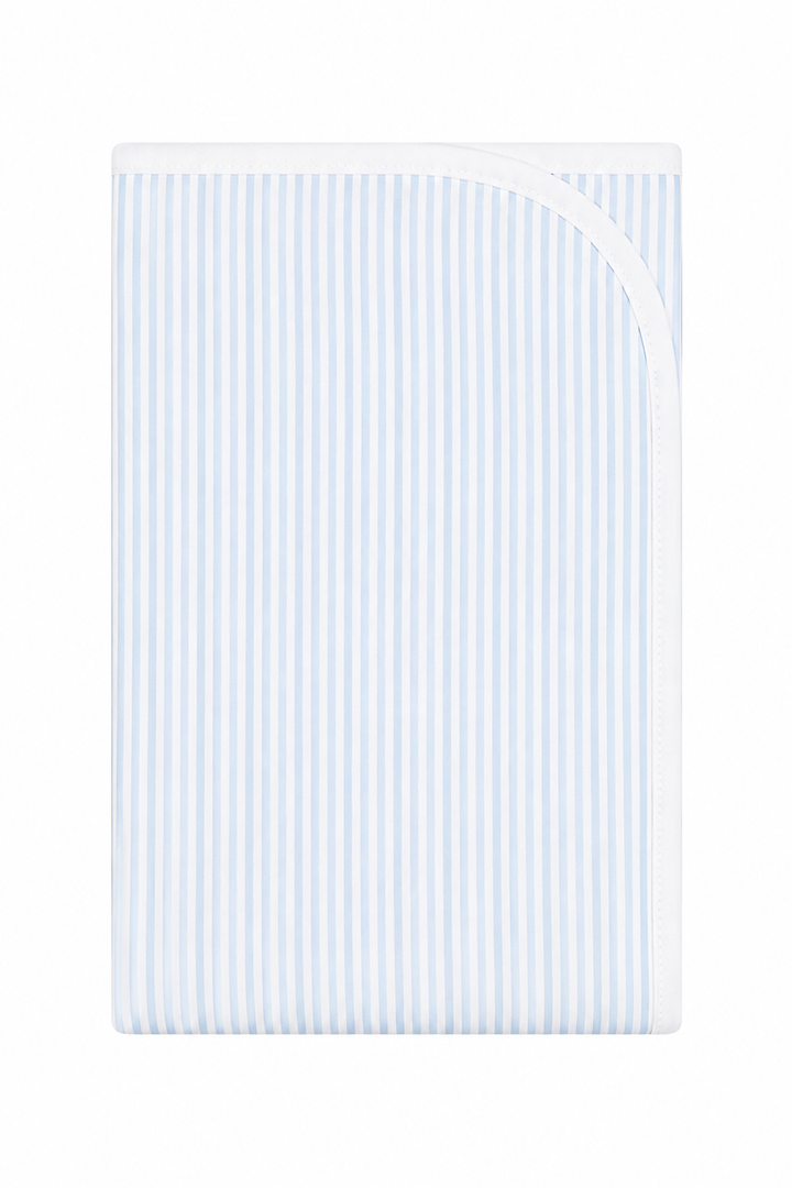 A folded baby blanket with a light blue and white vertical stripe pattern and a solid white border, shown on a plain white background.