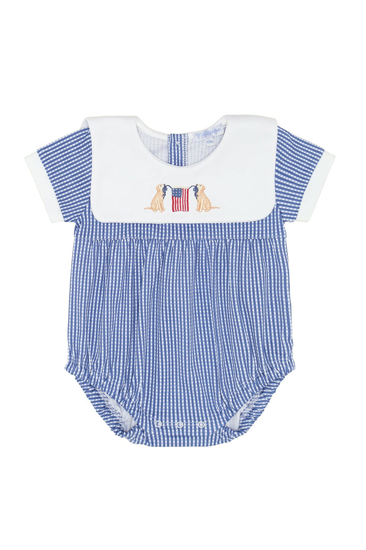 Blue gingham baby romper with american pups embroidered on front bib