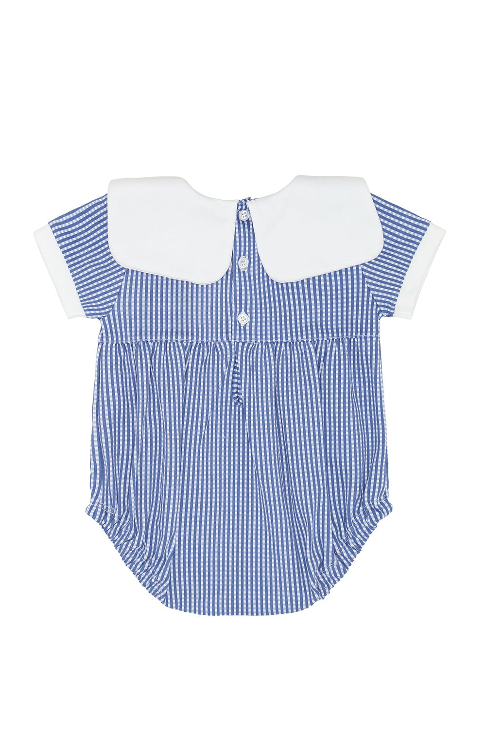 Blue and white checkered baby romper with a white collar on a white background