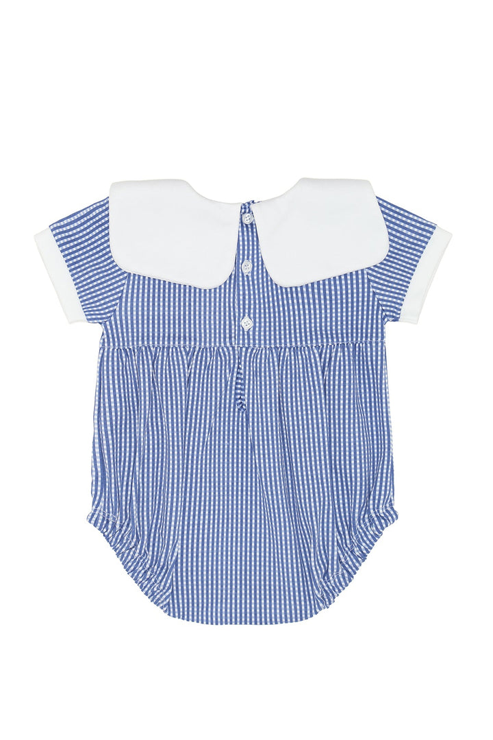 Blue and white checkered baby romper with a white collar on a white background