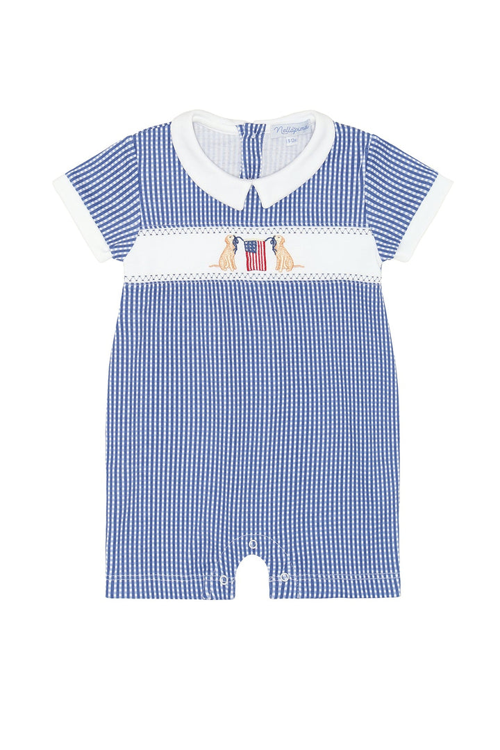 Blue checkered baby romper with white collar and embroidered details on a white background