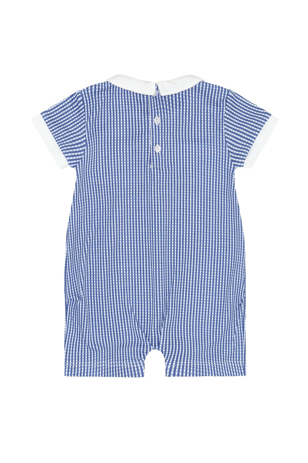 Blue and white checkered baby romper on a white background