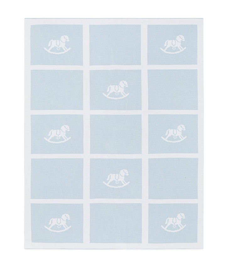 A square baby blanket or quilt in light blue with a white grid pattern and a white rocking horse motif in each of the nine blue sections, shown flat against a white background.
