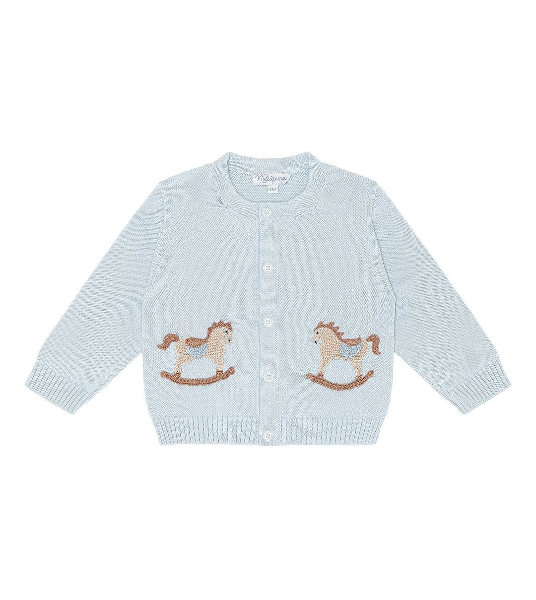 A light blue knit cardigan sweater for toddlers, featuring embroidered rocking horse motifs on both the left and right chest panels. The cardigan has a round neckline, snap-button front, and ribbed cuffs and hem, shown flat against a plain white background.