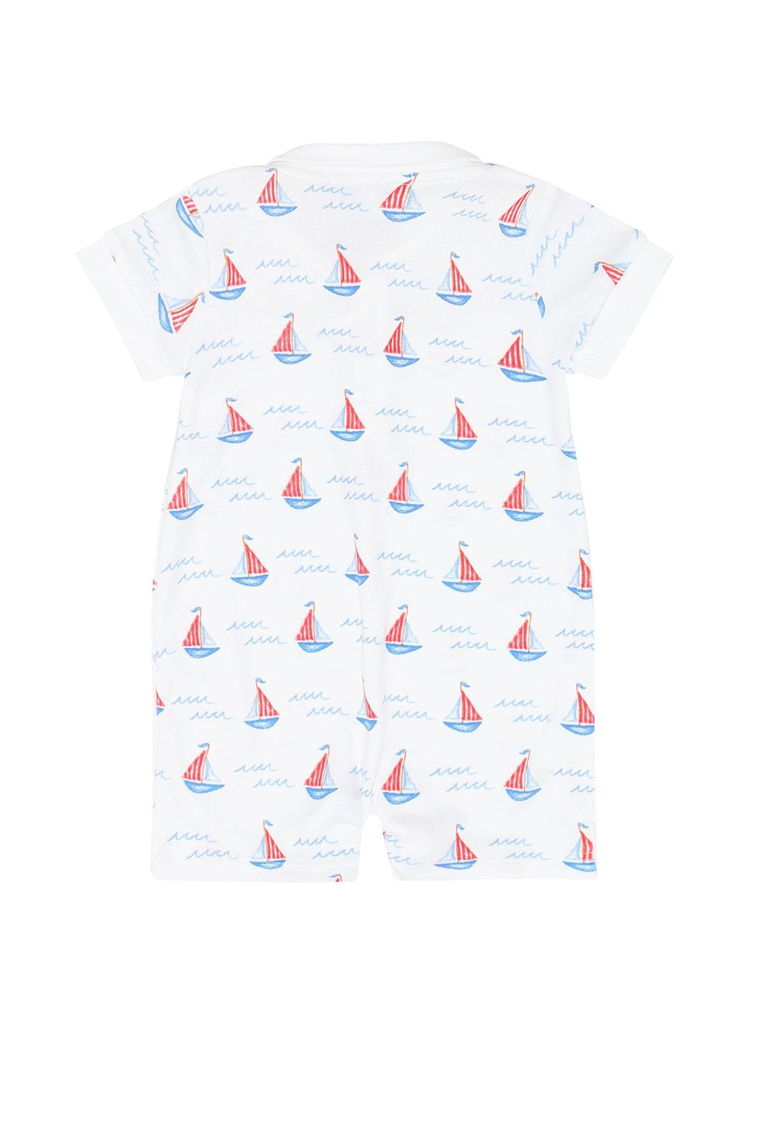 White romper with sailboat pattern on a white background
