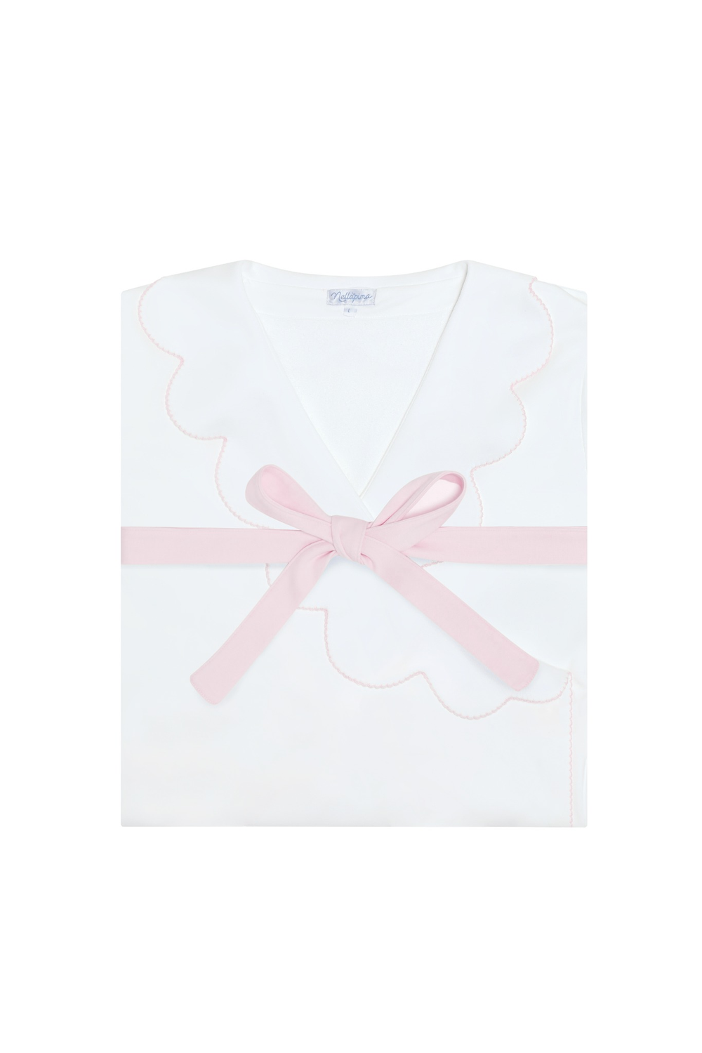 A white baby robe with a scalloped neckline, a light pink ribbon tied in a bow at the center, and a thin pink embroidered border, shown flat on a white background.