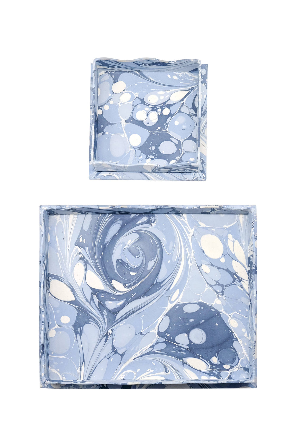Two marbled blue and white square containers on a white background