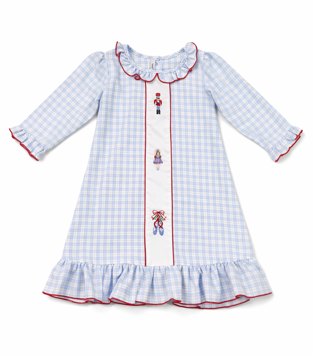 Nutcracker Embroidered Blue Plaid Girls Gown. Blue Plaid Holiday nightgown with Nutcracker Details. Long Sleeve Girls Christmas Plaid Dress.