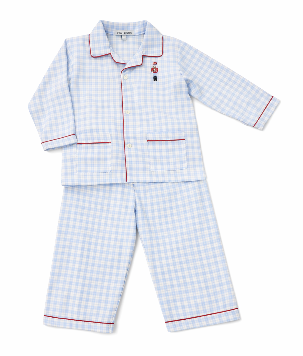 Nutcracker Embroidered Blue Plaid Pajama Set. Boys Blue Plaid Christmas Pajamas with Nutcracker. Blue Plaid Holiday Pajama Set for Boys.