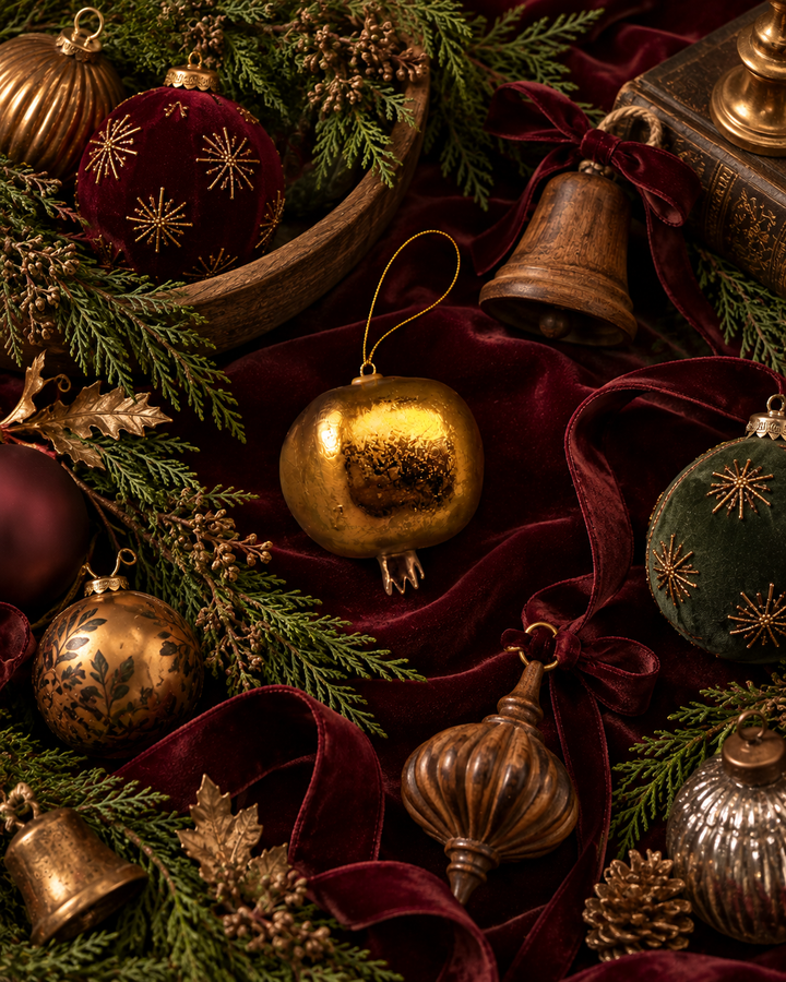 A festive holiday still life with gold and red Christmas ornaments, green pine branches, pinecones, and dark red velvet fabric.