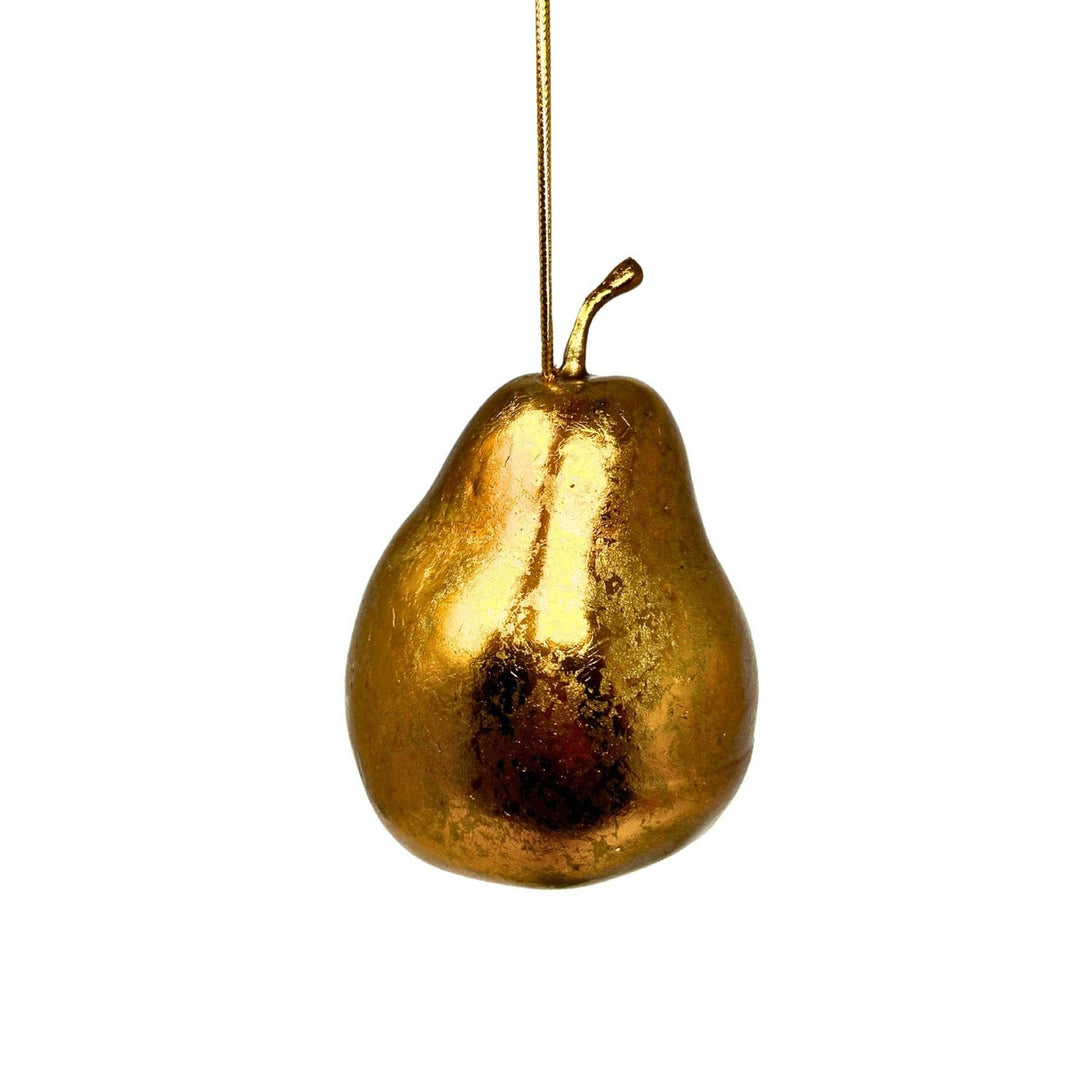 A metallic gold pear-shaped hanging ornament with a textured finish and a small stem, suspended by a thin gold string against a plain white background.