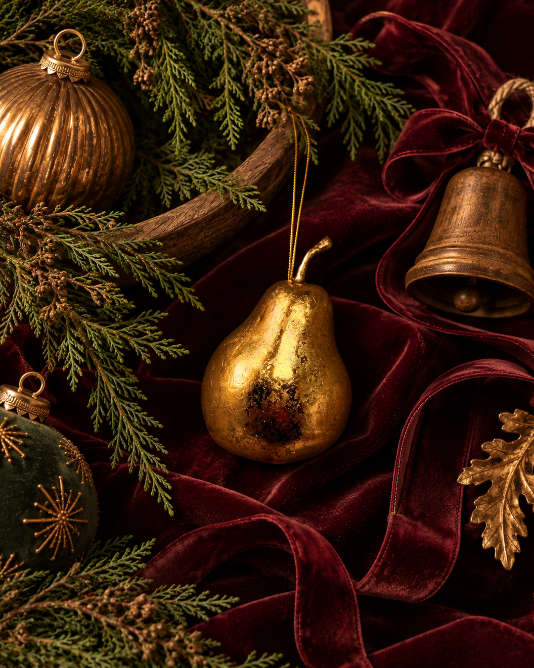 A festive holiday still life featuring a central metallic gold pear ornament, a gold bell, a ribbed gold bauble, a dark green ornament, and pine branches draped over deep burgundy velvet fabric.